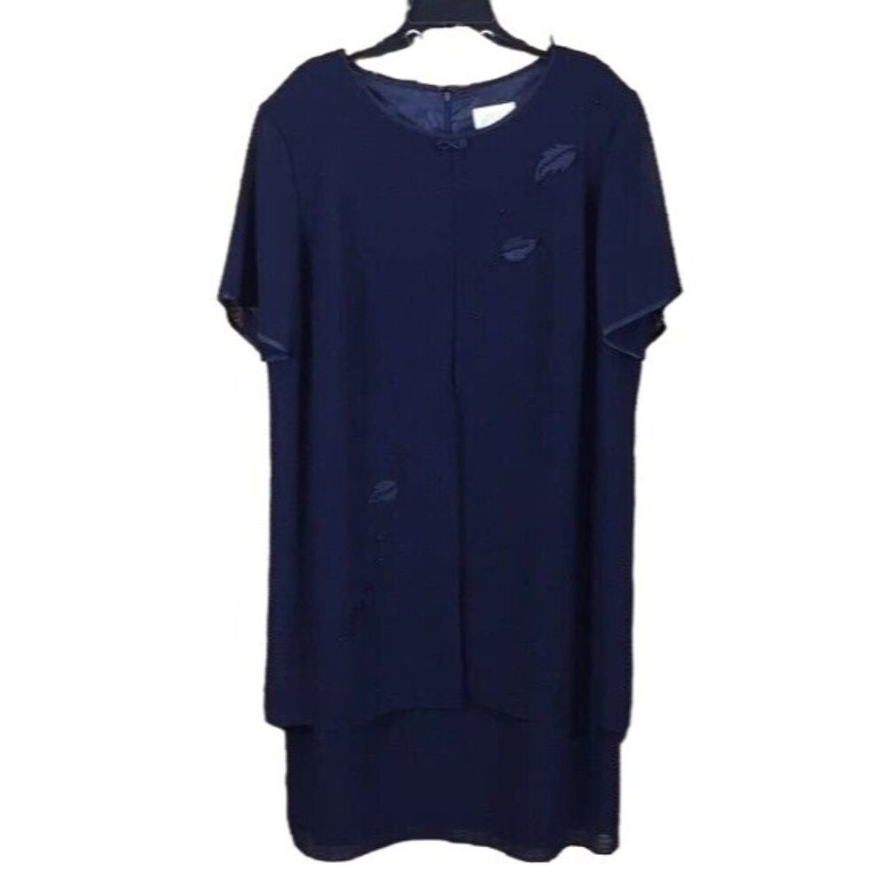 Studio 1 Dress Navy Blue Sheer Overlay Floral Embellishments Short Sleeve 20W